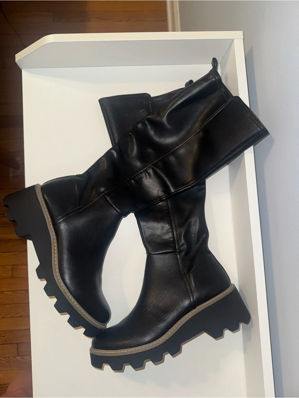 NWOT Dolce Vita Black Over-the-Knee Leather Boots with Tan Welt